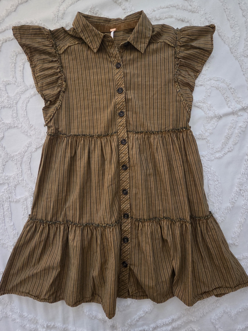 Free People Striped Tiered Babydoll Mini Dress Collared Ruffle Tunic Size XS